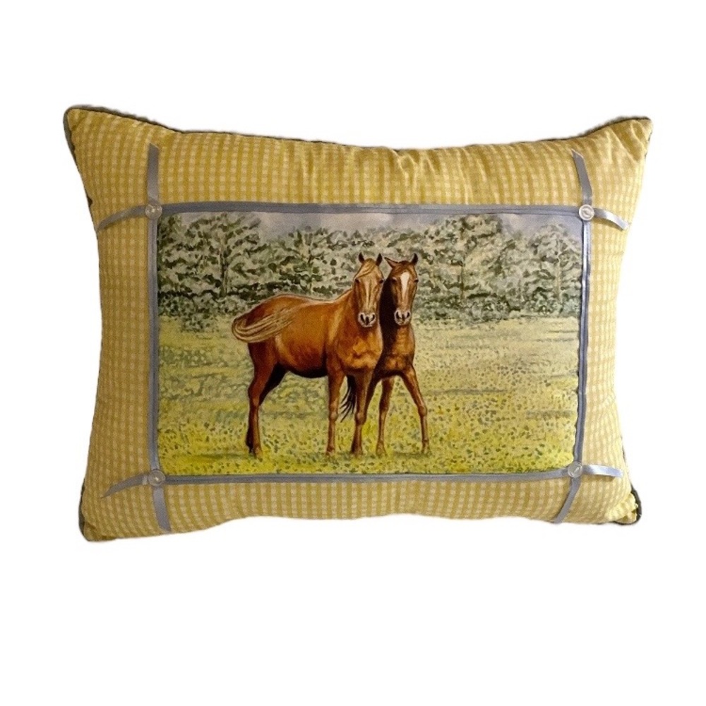 Betsy Drake Pillow,  Desired Horse Theme. 22”x17” Blue.Yellow, Cotton, Ribbons
